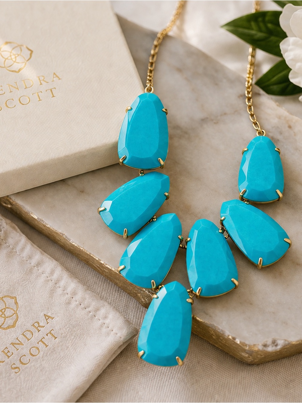 Kendra Scott Turquoise Gold Statement Necklace Faceted Bib Style Bold - Picture 2 of 3